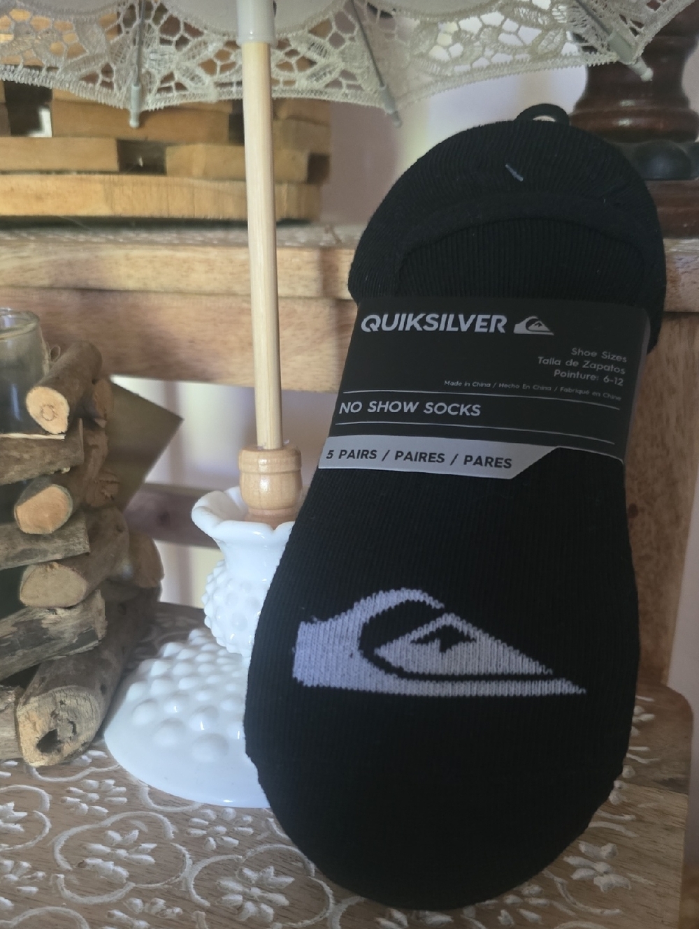 Quiksilver Black No-Show Athletic Socks with White Logo (5 Pairs)